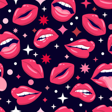 Vector seamless pattern with pink female lips on dark background. Various mouth expressions texture for fashion prints