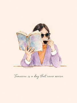 Watercolor illustration of woman reading book and drinking coffee, aesthetic lifestyle art, cozy reading girl with sunglasses and purple cardigan