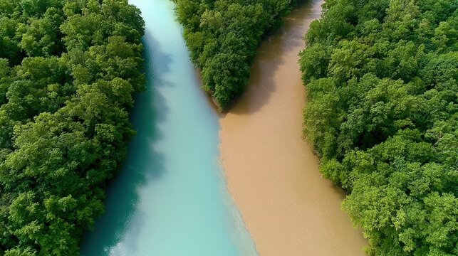 Two rivers with contrasting blue and brown waters converge amid dense green forest, showcasing a striking natural divide.
