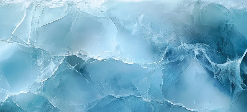 Icy blue glacier surface with intricate cracks and textures, showcasing the cold and rugged beauty of frozen ice formations.