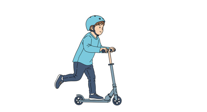 Young boy wearing a blue safety helmet and a light blue sweater happily riding a kick scooter on a solid white background.