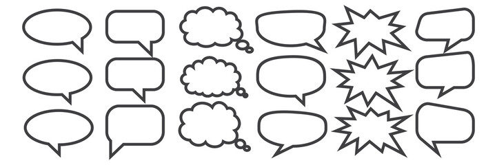 Fototapeta premium A set of chat box designs for comments on social media or comics. Vector designs of speech bubbles, text boxes, and conversation chat columns in comics.