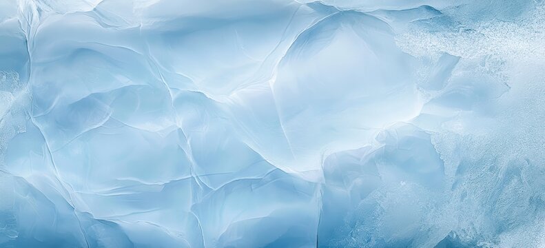 A close-up image of cracked and textured ice with varying shades of blue and white, showcasing intricate frost patterns and a cold, wintry atmosphere.
