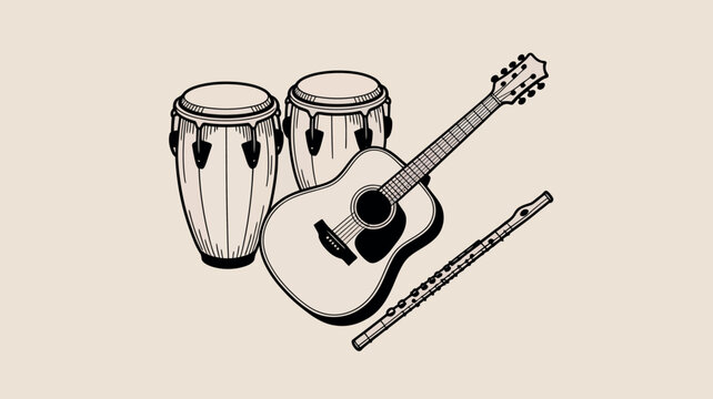 Musical instruments set including acoustic guitar, conga drums and flute, handdrawn illustration in vintage style