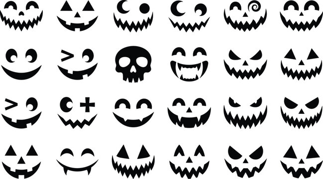 Halloween jack o lantern pumpkin carving faces silhouette vector set featuring scary spooky facial expressions isolated on white background for holiday design