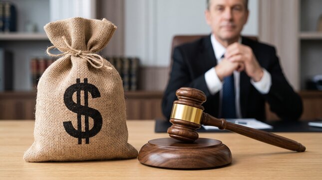 Burlap money bag with dollar sign and wooden judge gavel, legal compensation and financial litigation concept, lawyer in suit in blurred background