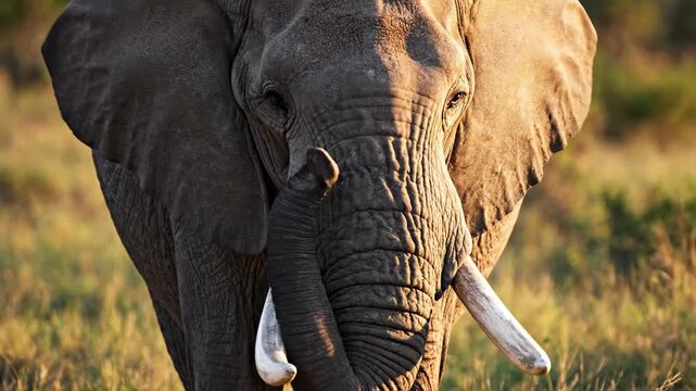 A majestic African elephant walks gracefully through the golden savanna grasses during a peaceful sunny afternoon in the wild bushveld where this massive mammal thrives in its natural habitat