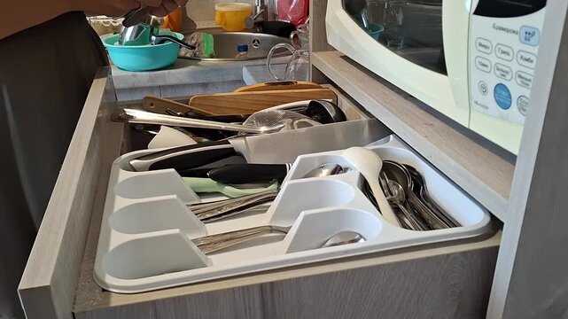 Organizing kitchen drawers with utensils and tools in a home setting