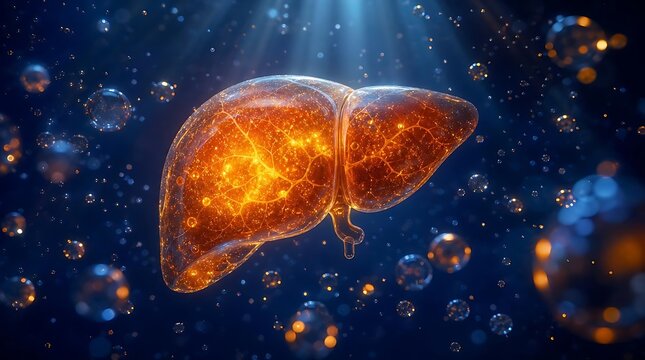 Glowing human liver medical concept with clinical internal holographic