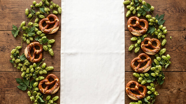 Fresh bavarian pretzels and green hops border frame with white copy space