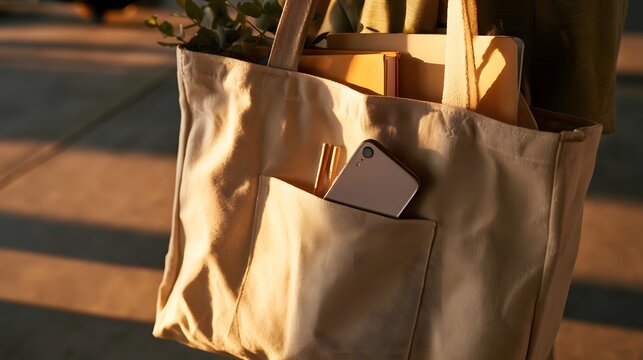 A beige canvas tote bag holds a phone  pens  books  and greenery under warm sunlight on a paved surface