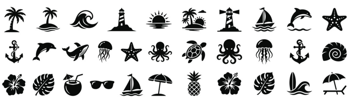 Boho summer set. Naive spiritual geometric palm tree, sun, sea, waves and corals emblem. Tropical retro surf prints, summer beach label, naive vignetting silhouette. Hand drawn vector illustration.