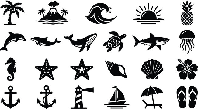 Boho summer set. Naive spiritual geometric palm tree, sun, sea, waves and corals emblem. Tropical retro surf prints, summer beach label, naive vignetting silhouette. Hand drawn vector illustration.