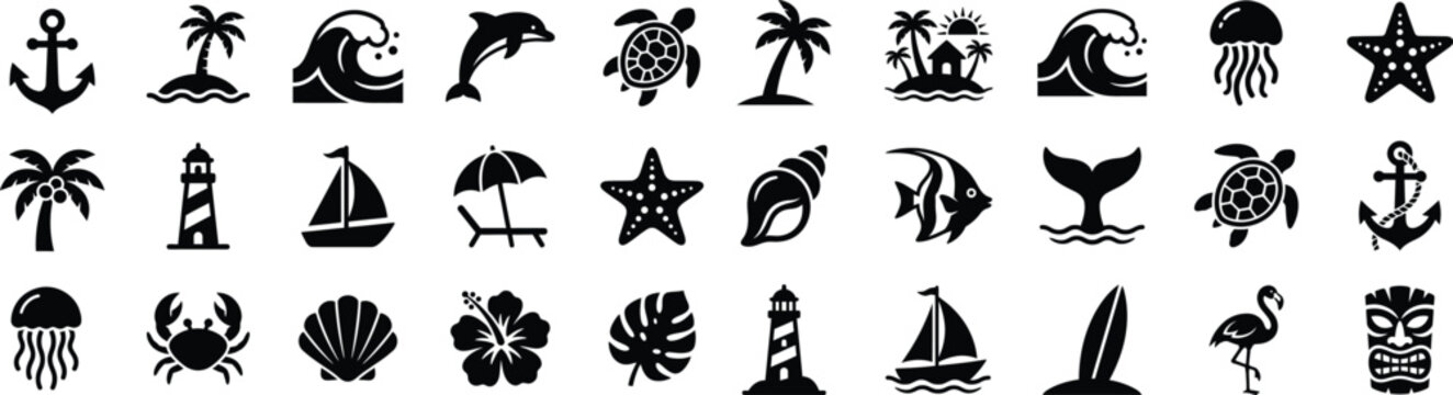 Boho summer set. Naive spiritual geometric palm tree, sun, woman silhouette, waves and corals emblem. Retro coastal prints, summer beach symbol or icon, naive vignetting hand drawn vector