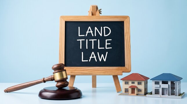 Land Title Law concept with judge gavel and house models, real estate legal services on blackboard, property ownership and litigation background