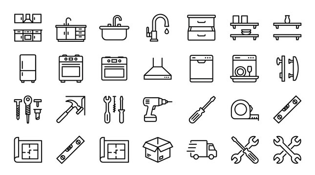 Kitchen furniture assembly and installation editable line icon set vector isolated on white background