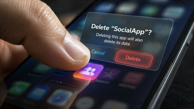 Close up of a hand deleting a social media app from a smartphone screen to improve mental health and focus