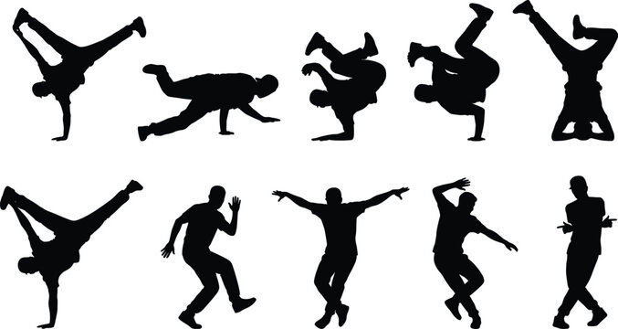 Black silhouettes of breakdancers performing hip hop dance moves and acrobatics isolated on white background.