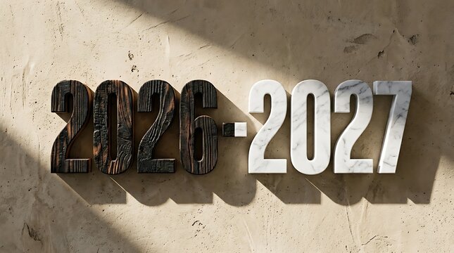 Transition from 2026 to 2027 represented by charred wooden and polished white marble numbers on textured background