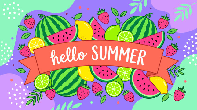 Vibrant summer fruit border featuring watermelon slices, citrus wedges, strawberries and tropical leaves with a festive Hello Summer banner for bright seasonal visuals