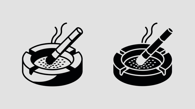 Set of ashtray icons with burning cigarettes, smoking cigarette in ashtray, vector illustration