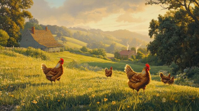 Chickens in a rural landscape at dawn. Possible use Stock photo for nature, farm, countryside, or rural living themes