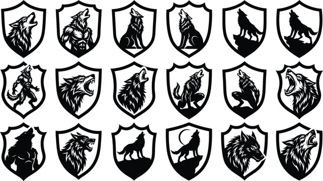 Halloween icon collection black white wolf crests and shields for spooky designs
