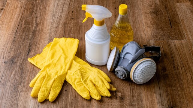 general household cleaning supplies and gloves