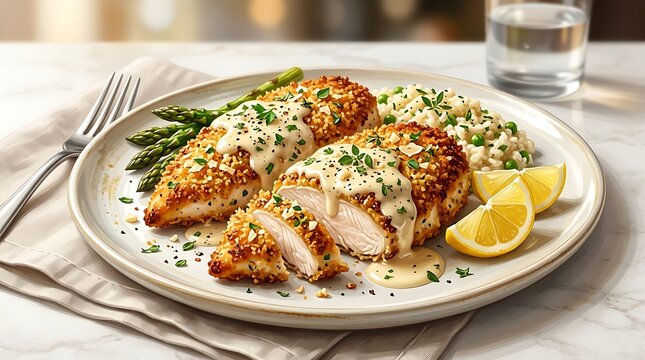 Roasted chicken breast with vegetables and lemon slices served on a dining plate. chicken romano illustration