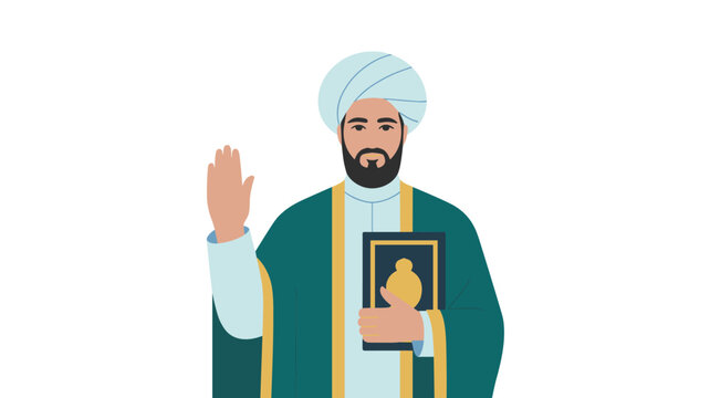 Islamic scholar or imam with a turban and green robe holds a holy book while raising his hand in a peaceful gesture.