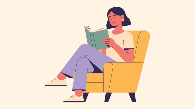 Relaxed young woman sits in a comfortable yellow armchair while reading an interesting book, enjoying a quiet moment.