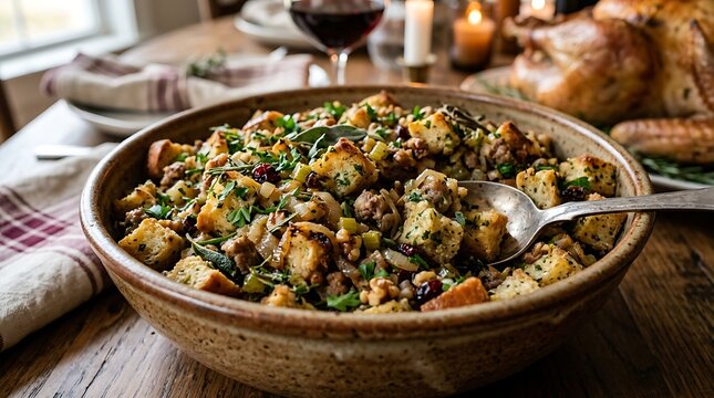 Homemade sausage stuffing with herbs thanksgiving side dish festive holiday recipe