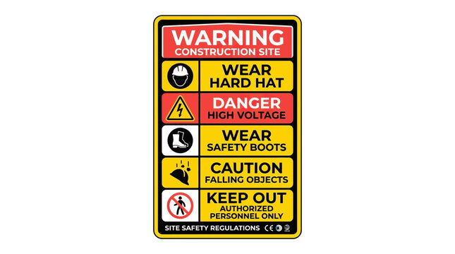 Comprehensive Construction Site Safety Warning Sign with Protective Gear Icons and Danger Alerts