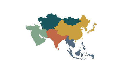 Colorful map of asia with diverse countries and vibrant shades highlighting the continent's geographic diversity © Micro Design-id