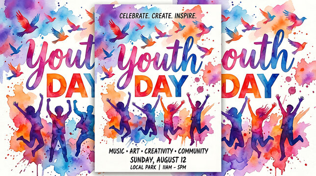 Youth day celebration event poster watercolor art with jumping people, abstract