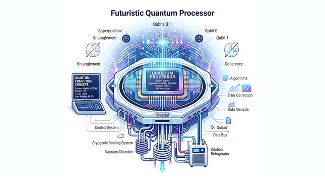 Conceptual illustration of a futuristic quantum processor with technical labels and cooling systems.