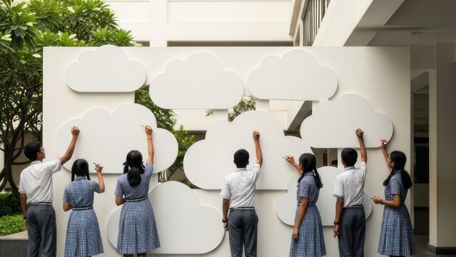 Students Writing on Cloud Panels in School