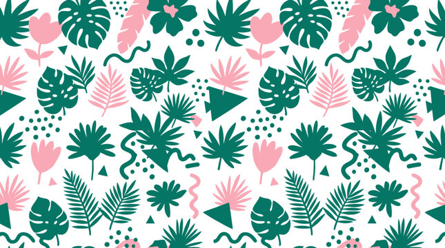 Vibrant jungle leaves seamless pattern with abstract flowers and geometric pink shapes.