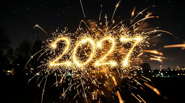 Sparkling 2027 year number written with light painting fireworks against a dark night sky background photo