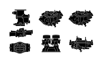 Obraz premium Carburetor Icons Set, Vintage Auto Engine Parts, Retro Mechanical Components Collection