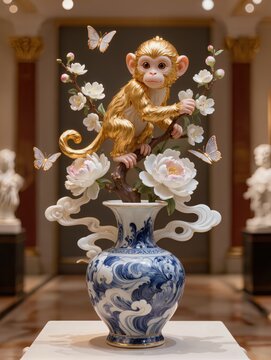 A masterpiece porcelain fantasy sculpture featuring an adorable monkey climbing flowering plum branches growing from a luxurious blue ceramic vase with clouds peonies butterflies


