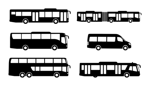 Diverse Bus Collection Vector Icons: City, Articulated, Double Decker, Minibus, Public Transport Silhouettes