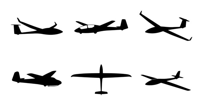 Glider Aircraft Silhouettes, Aviation Vector Icons, Aerodynamic Flight Symbols