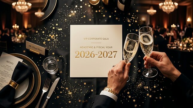Corporate gala dinner table setting with champagne toast for the 2026 2027 fiscal year celebration event