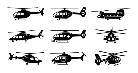 Helicopter Icons Set, Aviation Vector Graphics, Military and Medical Aircraft Silhouettes © Pritom