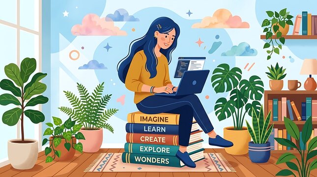 Woman sitting on stack of books with laptop in cozy room with plants