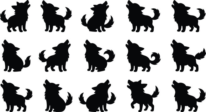 Halloween icon collection black silhouette wolf pack for spooky designs