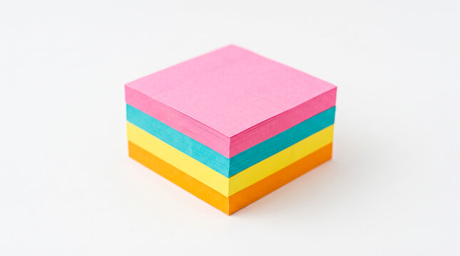 Stack of colorful sticky notes. Bright adhesive paper pads for office organization.