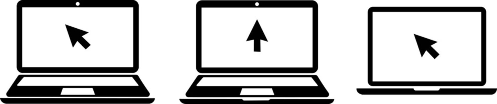Laptop with mouse cursor icon set. Open notebook black silhouette pack, computer display with arrow pointer, technology device and website click symbols