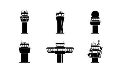 Obraz premium Airport Control Tower Icons, Air Traffic Control Building Silhouettes, Aviation Navigation Structures